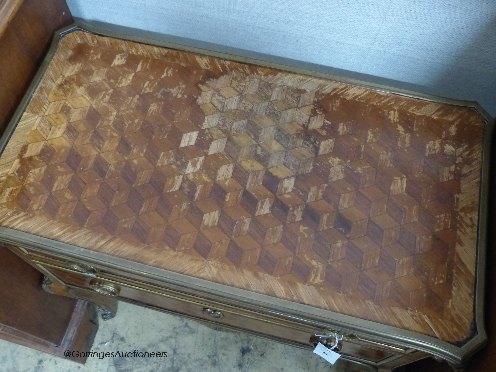 A French transitional style parquetry inlaid two drawer chest, width 65cm, depth 36cm, height 68cm